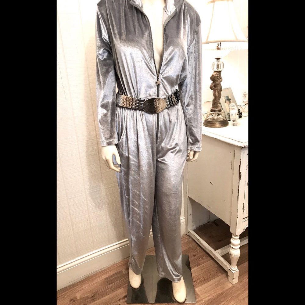 Shiny Silver Velvet Jumpsuit Retro Vintage Mod Rare